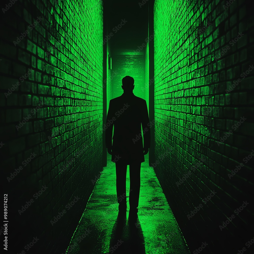 Poster a mysterious figure stands in a dimly lit green alleyway, creating an atmosphere of suspense and int