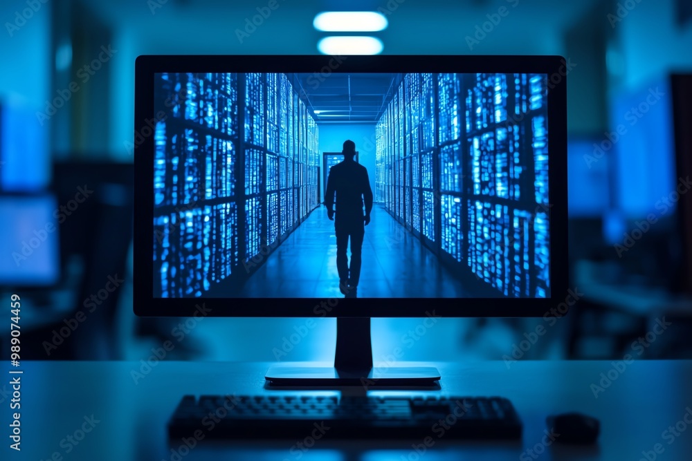 Poster a mysterious silhouette stands in a dimly lit data center, illuminated by blue light from server rac