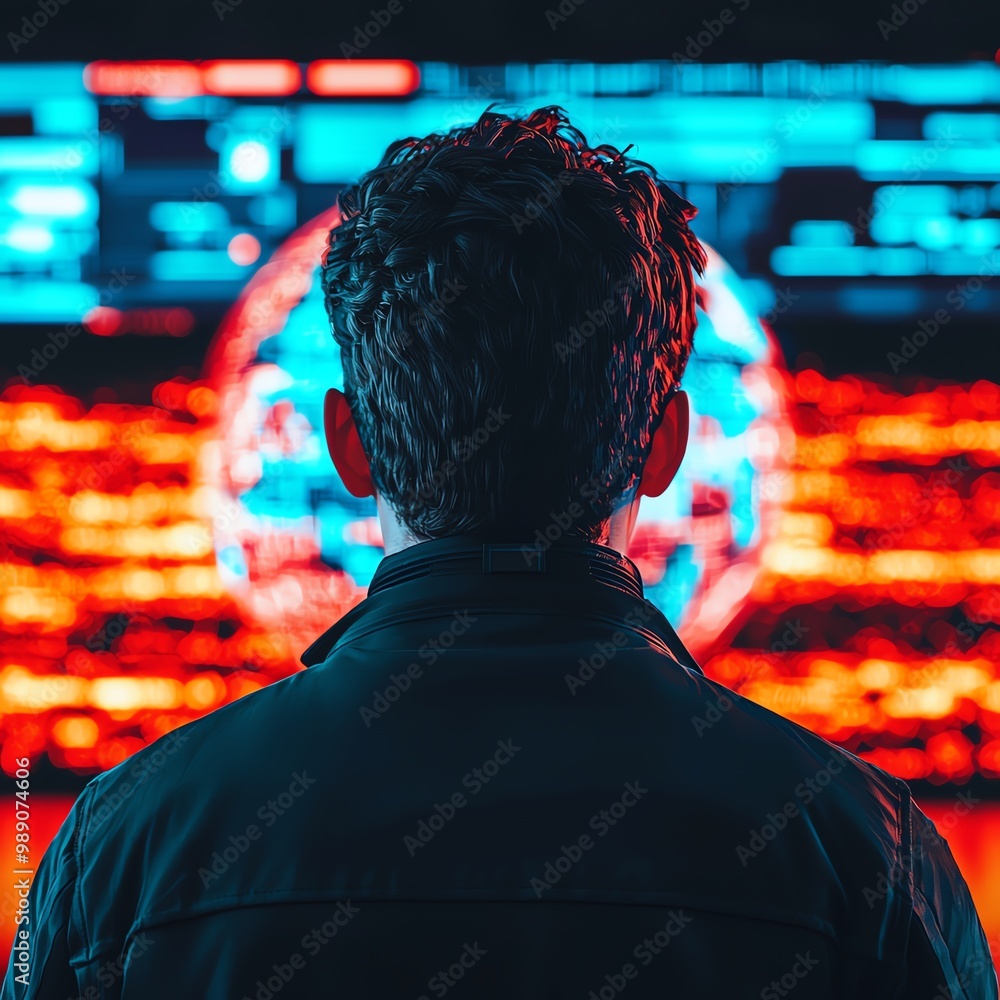 Poster a person stands in front of a glowing screen, immersed in technology and data, symbolizing the futur