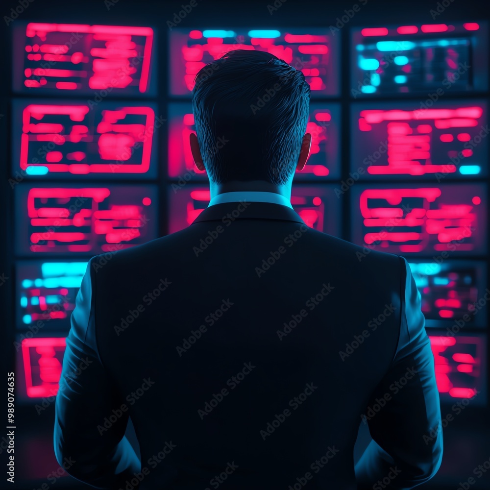 Poster a professional analyzing digital data on multiple futuristic screens, illuminated with vibrant neon 