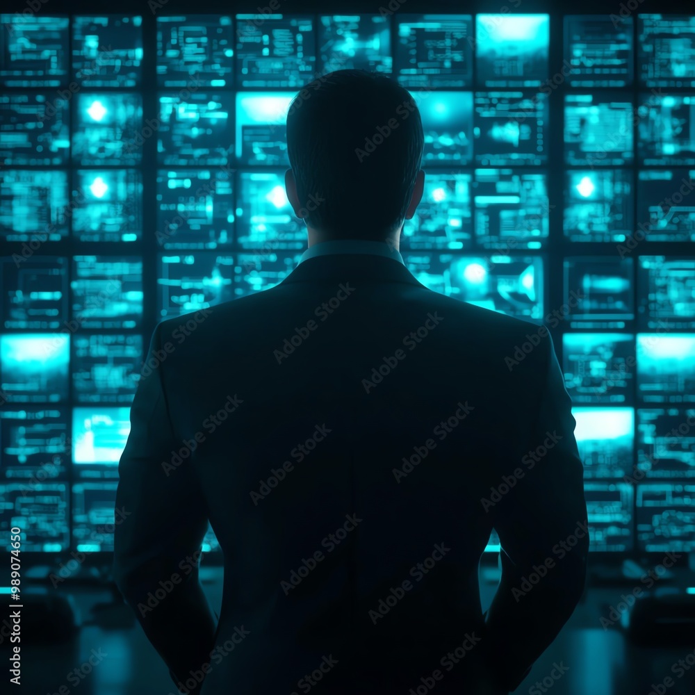 Poster a professional individual stands in front of a high-tech data wall, analyzing information and monito