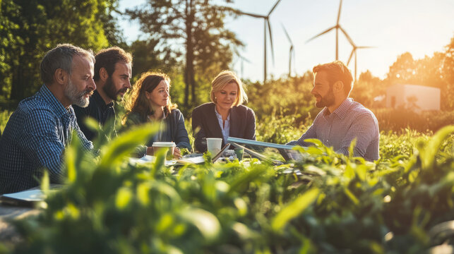 A business meeting in progress with renewable energy experts advising on climate action strategies