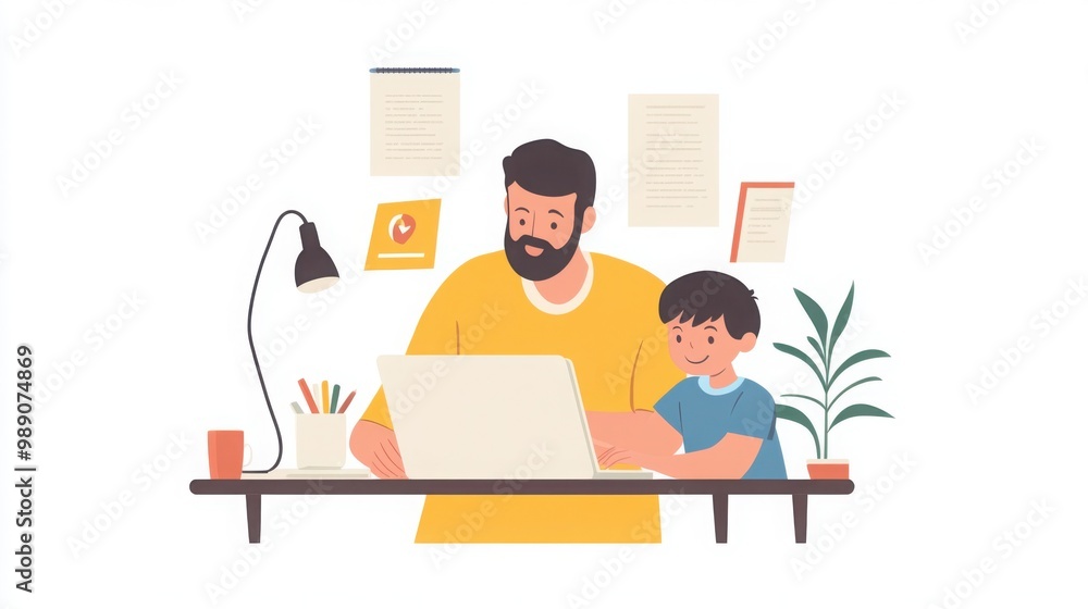 Poster parent helping their child with homework while also working on a laptop