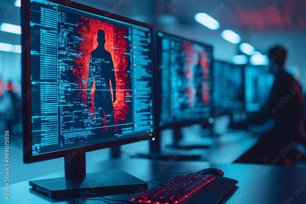 Poster a sleek workspace showcasing dual monitors with glowing code and digital art, perfect for showcasing