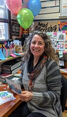 Fototapeta premium Teacher Appreciated on World Teachers Day in Classroom Filled With Cards and Balloons