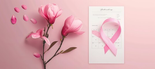 Breast Cancer Screening Promotional Flyer Design with Pink Ribbon and Calendar for October Awareness Campaign