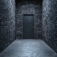 Fototapeta premium A stark, dark corridor with textured brick walls and a closed door, evoking mystery and intrigue in a minimalist setting.