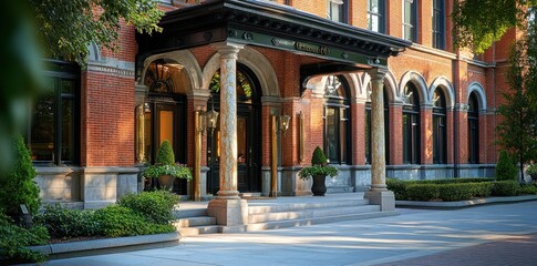 Naklejka premium A Grand Entrance to a Brick Building with Black Trim and Arched Windows