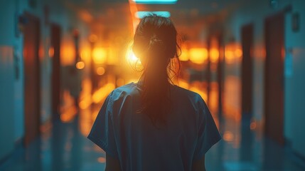 Obraz premium A somber image depicting the silhouette of a nurse, in a shadowy, tense atmosphere, representing the hidden crisis of a stressful situation, set against a muted background 