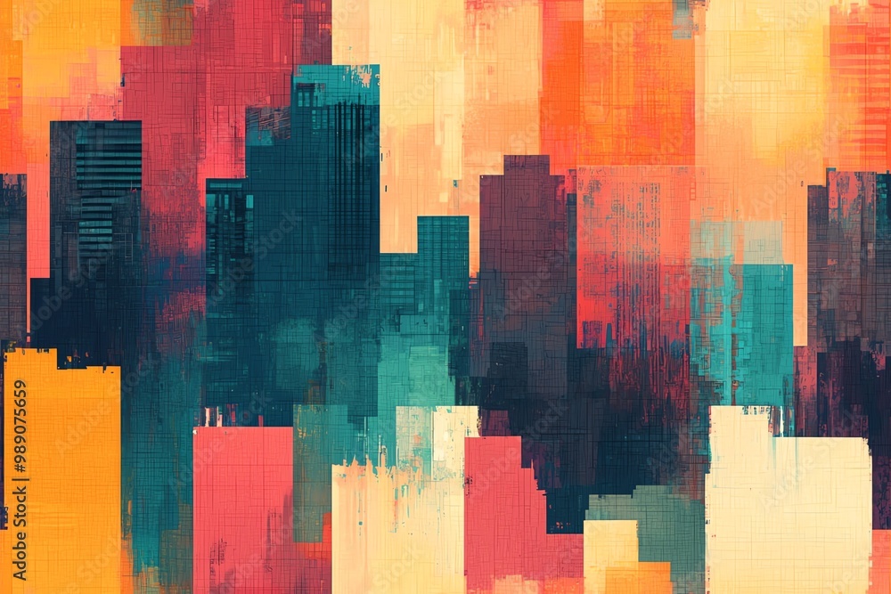 Poster a vibrant abstract cityscape with dynamic colors creating a striking visual effect, ideal for modern