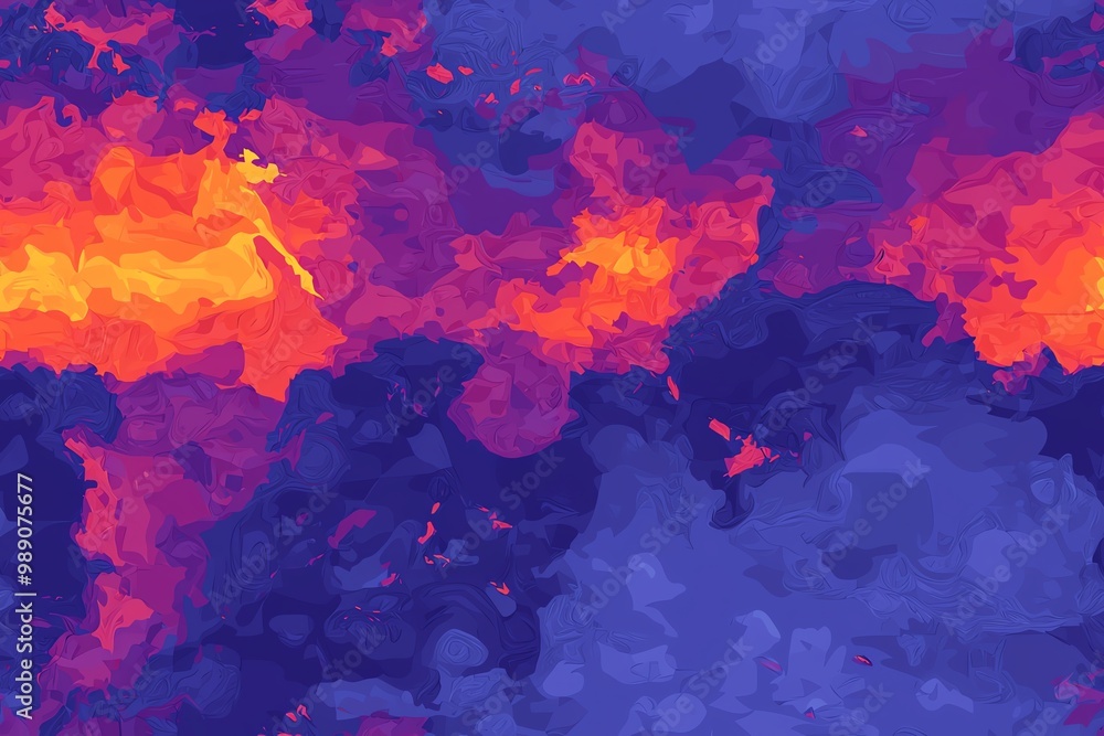 Poster a vibrant abstract design featuring fiery colors blending with deep blues, creating an energetic and