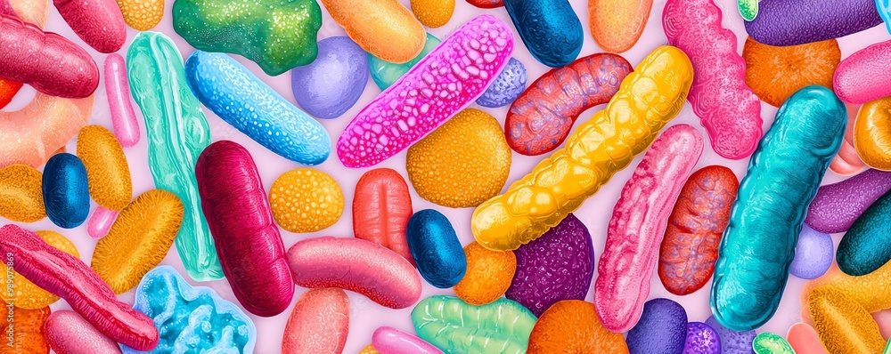 Poster a vibrant and colorful collection of abstract microorganisms showcasing diversity in shape and color