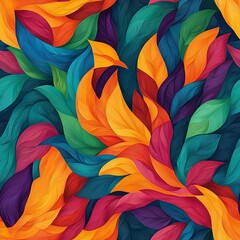 A vibrant and colorful abstract leaf pattern, showcasing artistic swirls of foliage in rich, vivid hues.