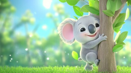 Cute Koala Bear Climbing Tree in Sunny Forest