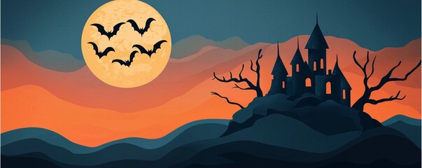 Haunted castle with flying bats under a glowing orange moon in a dark eerie landscape.