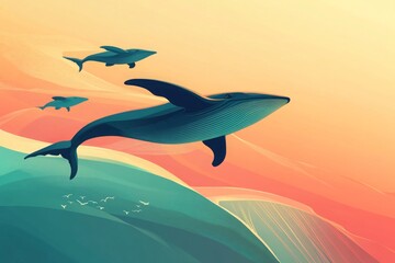 Naklejka premium Whale Jumping Over Ocean Waves