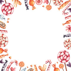 Cute Halloween - watercolor square frame for Halloween  and Christmas party. Hand painted lollipop, hard candy stick, various sweets. Greeting card and invitation border frame design