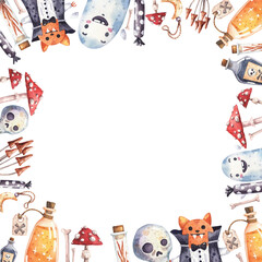 Fototapeta premium Cute Halloween - watercolor square frame for Halloween party. Hand painted ghost, spooky cat bat, red mushrooms, botion bottles. Aquarelle border frame for invitations, greeting cards
