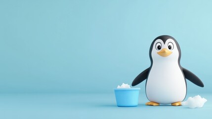 Obraz premium Cute Cartoon Penguin with Snow on Blue Background