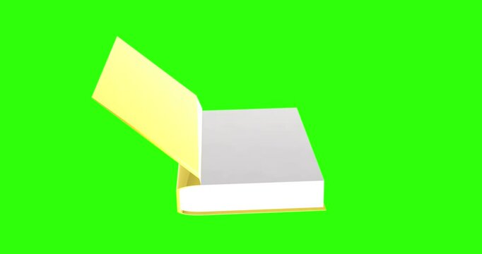 3d book opening animation ,3D yellow hard cover book with white paper animation On Green-screen background.