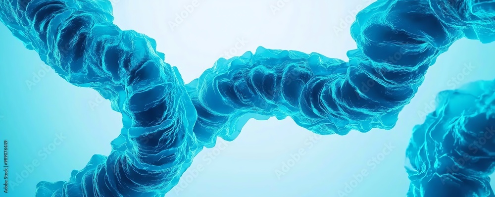 Poster abstract depiction of a twisting, vibrant blue structure on a light background, showcasing intricate