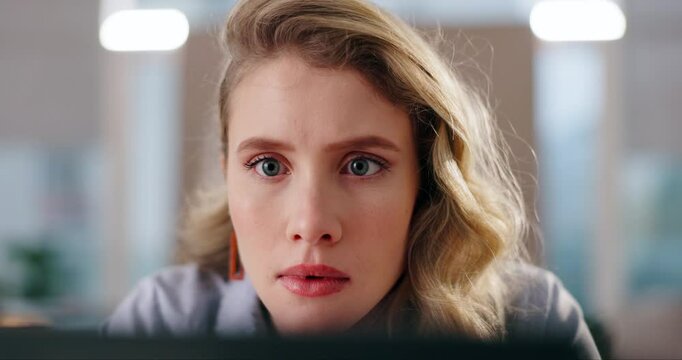 Confused, laptop and businesswoman in office at night with misunderstanding on stock market crash. Stress, upset and financial broker with decrease in foreign exchange currency for investment risk.