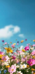 The colorful spring meadow filled with blooming wildflowers under a bright blue sky Generative AI illustration with soft