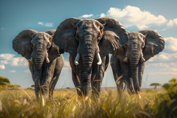 Fototapeta premium Three elephants in the African savanna grassland outdoors wildlife.