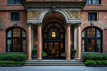 Ornate Brick Building Entrance with Columns and Arched Windows