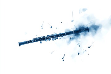 Artistic representation of a clarinet with splashes of color on a white background.