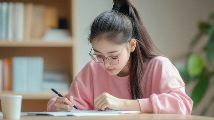 Late Study Session: Tired Asian Student Doing Homework in the Library