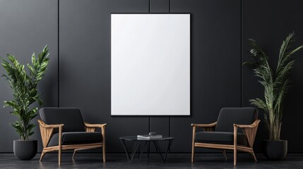 Modern Living Room with Plants and Blank Canvas