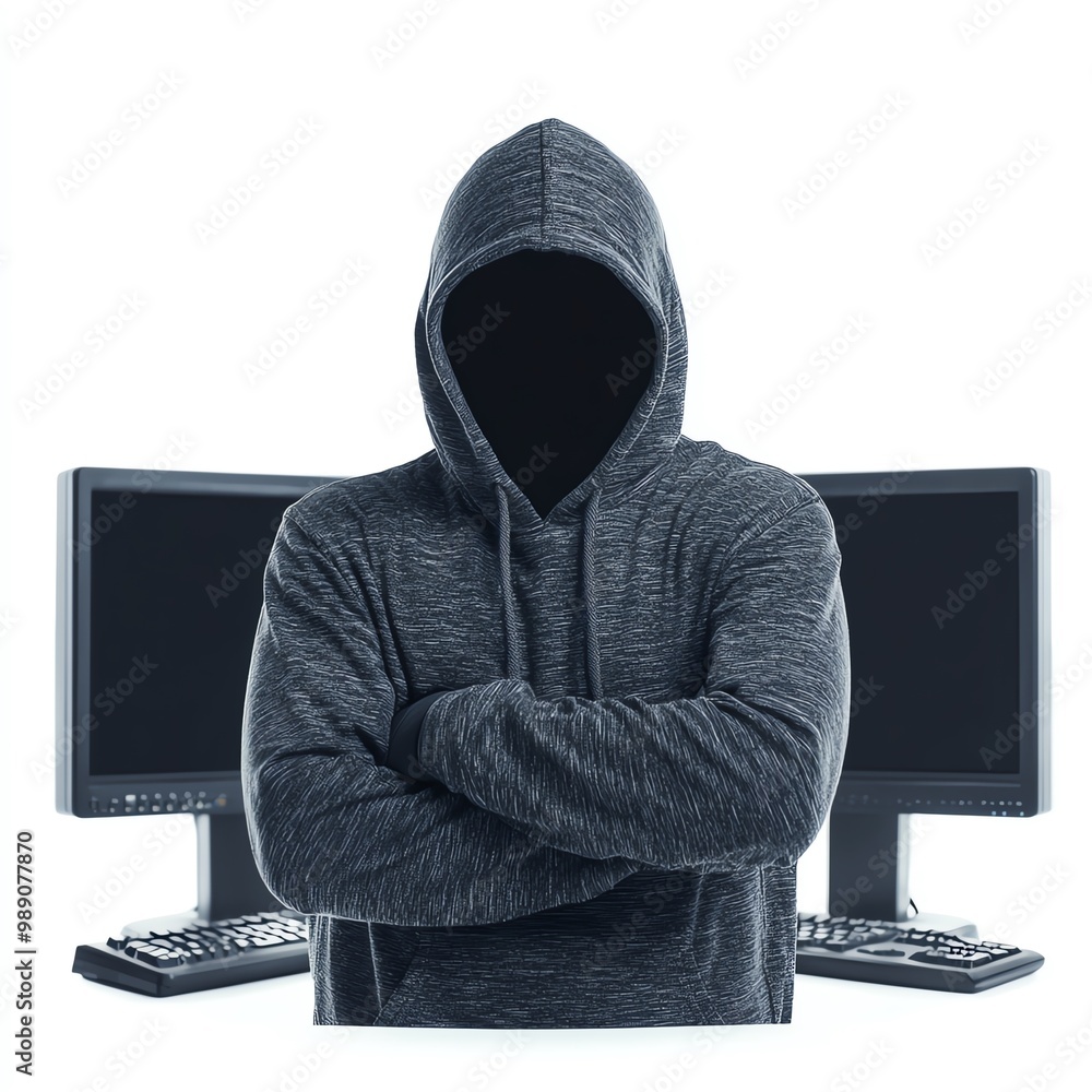 Aufkleber mysterious figure in a hoodie stands in front of two computer monitors, symbolizing anonymity and cy