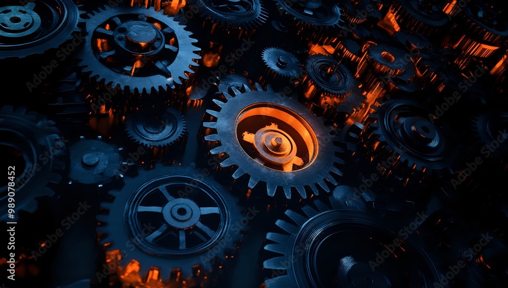 Poster close-up shot of multiple interlocking cogs with dark blue and orange tones.