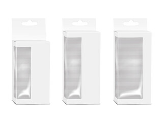 Thin tall white paperboard box with side clear plastic window, tuck-in flap and euro slot hanger. Realistic 3d vector mock-up. Empty transparent front container with hanging hole. Mockup