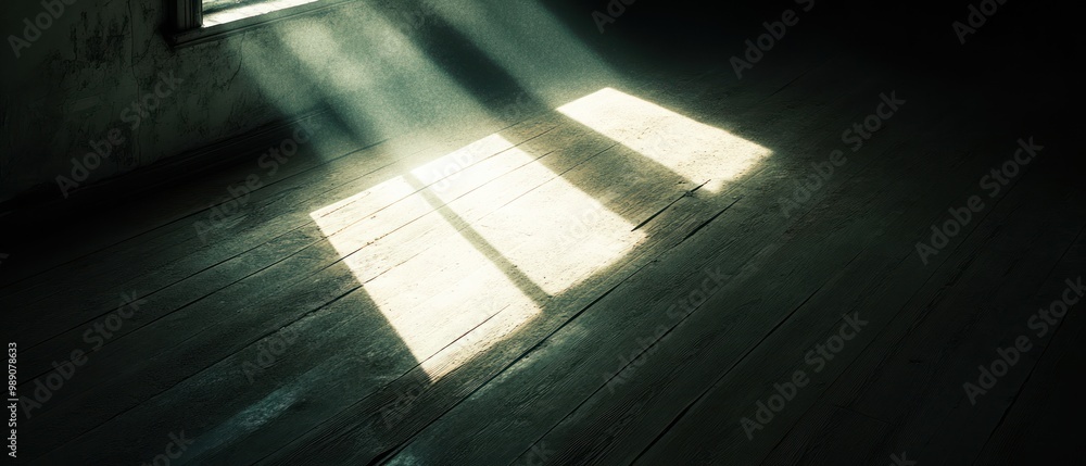 Poster sunlight streams through a window, casting shadows on a wooden floor in a quiet space.