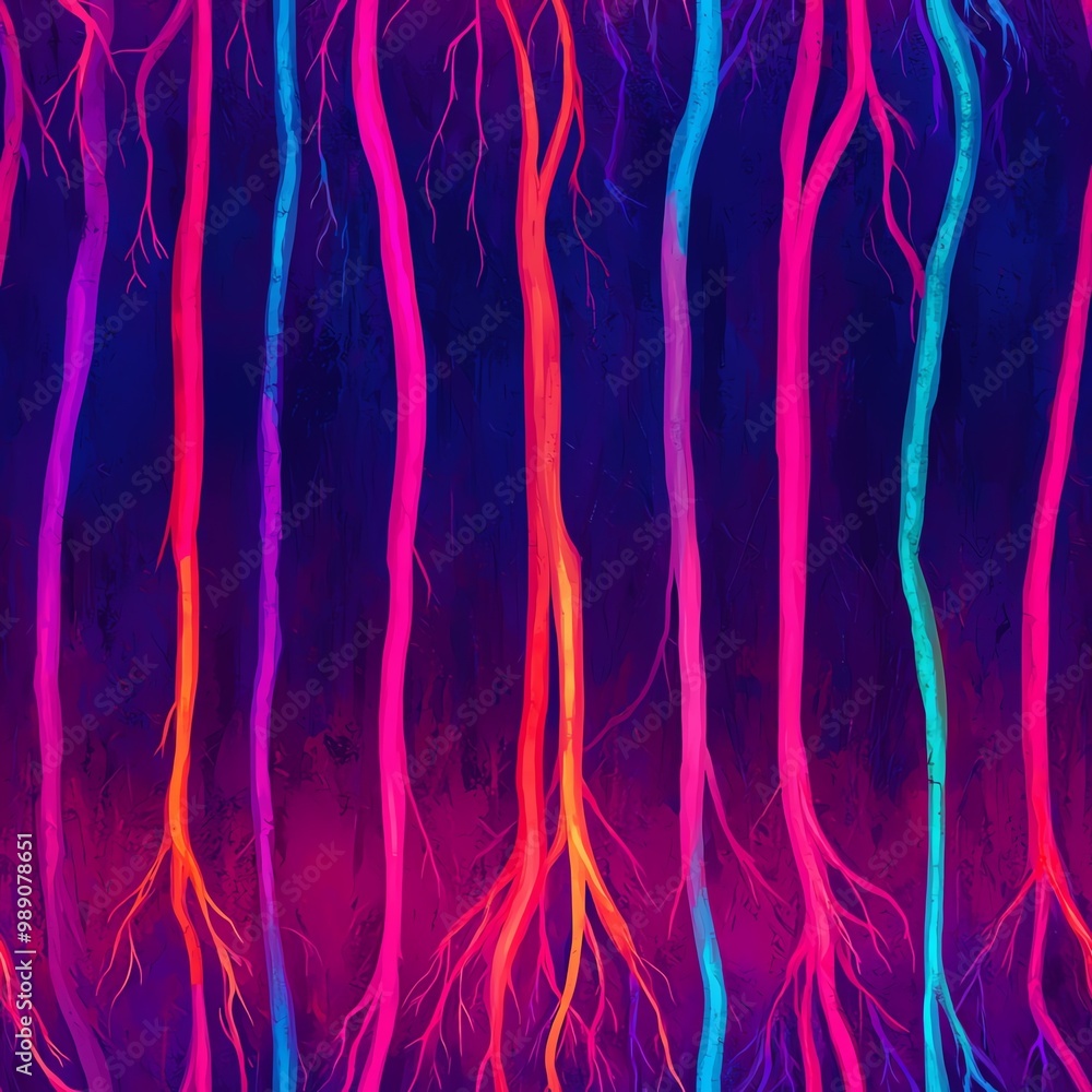 Poster vibrant abstract roots in neon colors on a dark background, creating a striking visual contrast. per
