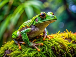 Naklejka premium A babosa, a type of Central American amphibian, perches on a moss-covered rock, its vibrant green skin glistening with dew, amidst a lush tropical forest setting.