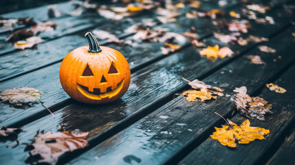 Festive carved jack-o'-lantern glowing warmly on a wooden porch surrounded by autumn leaves. A classic Halloween decoration that brings cozy and spooky vibes to the season.

