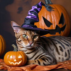 A photo of a cute cat sits next to a pumpkin and wearing using a witch hat for Halloween party celebration