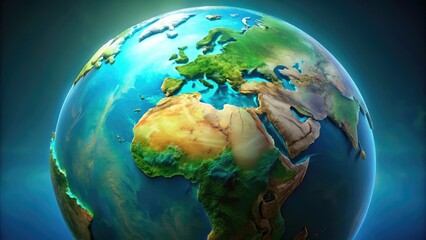 Obraz premium A beautifully detailed, high-resolution, 3D illustration of a rotating globe with subtle lighting, showcasing continents and oceans in stunning blue and green hues.