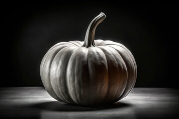 A beautifully lit, artistic, high-contrast black and white photograph of a single, smooth, symmetrical pumpkin, isolated on a dark background, evoking fall and harvest elegance.