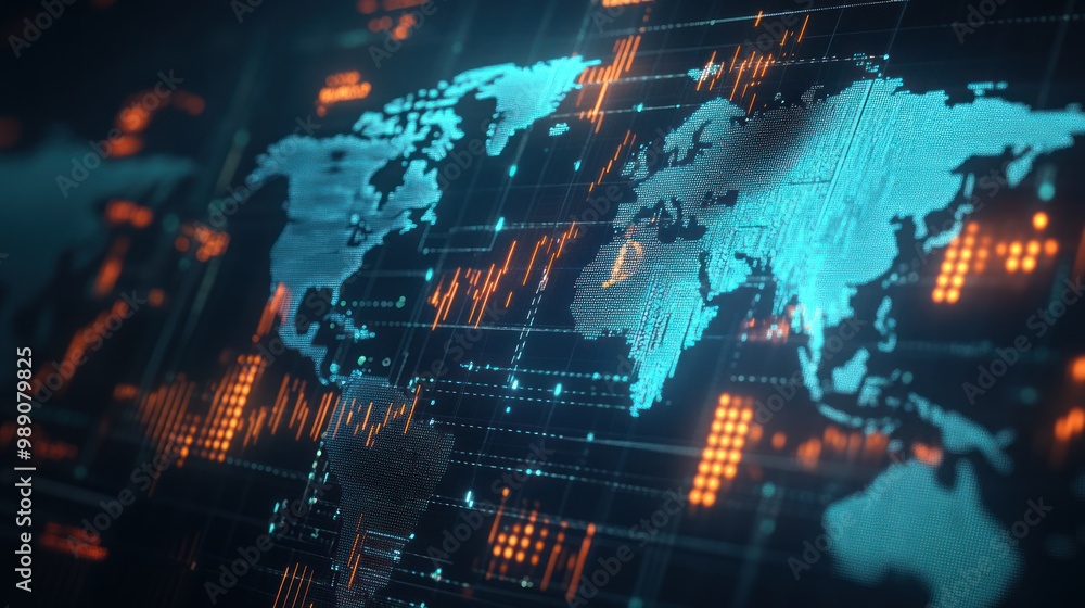 Poster a digital world map with data visualizations representing global trends and analytics.
