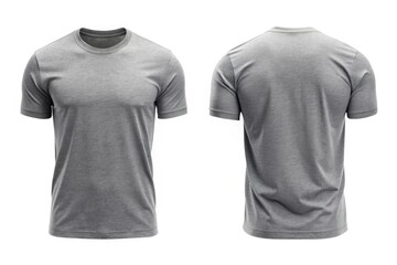 A blank, high-quality, grey crew-neck t-shirt mockup displaying front and back views, ideal for showcasing designs, logos, or text on a versatile apparel template.
