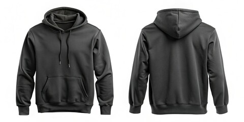 Naklejka premium A blank black hoodie with a relaxed fit and adjustable hood, isolated on a white background, ready for customization or design application.
