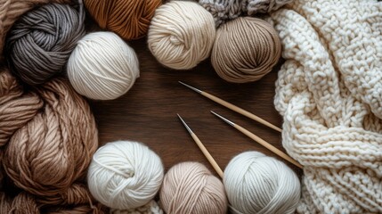 Gem&uuml;tliches Strickmuster-Layout mit neutralen Wollkn&auml;ueln und Nadeln f&uuml;r Herbstbasteleien