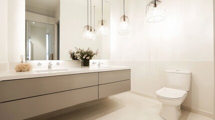 Fototapeta premium Modern Bathroom with Double Sink and Hanging Lights