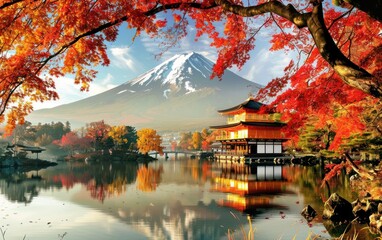 Obraz premium Traditional Japanese temple by a lake with autumn foliage and Mount Fuji in the background. Travel and cultural landscape concept.
