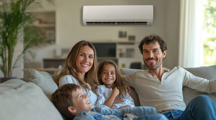 happy family enjoys quality time together on cozy sofa, surrounded by warm and inviting living room atmosphere. air conditioning unit above ensures comfort during their joyful moments