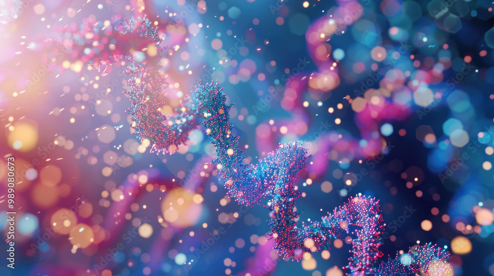 Poster vibrant representation of DNA strands illuminated by colorful lights, showcasing intricate structure of genetic material. This image evokes sense of wonder about complexities of life